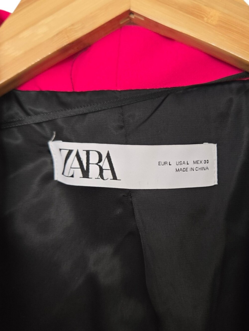 Zara Hot Pink Ruched Sleeve Blazer Open Front Barbiecore Jacket Large - Picture 5 of 5